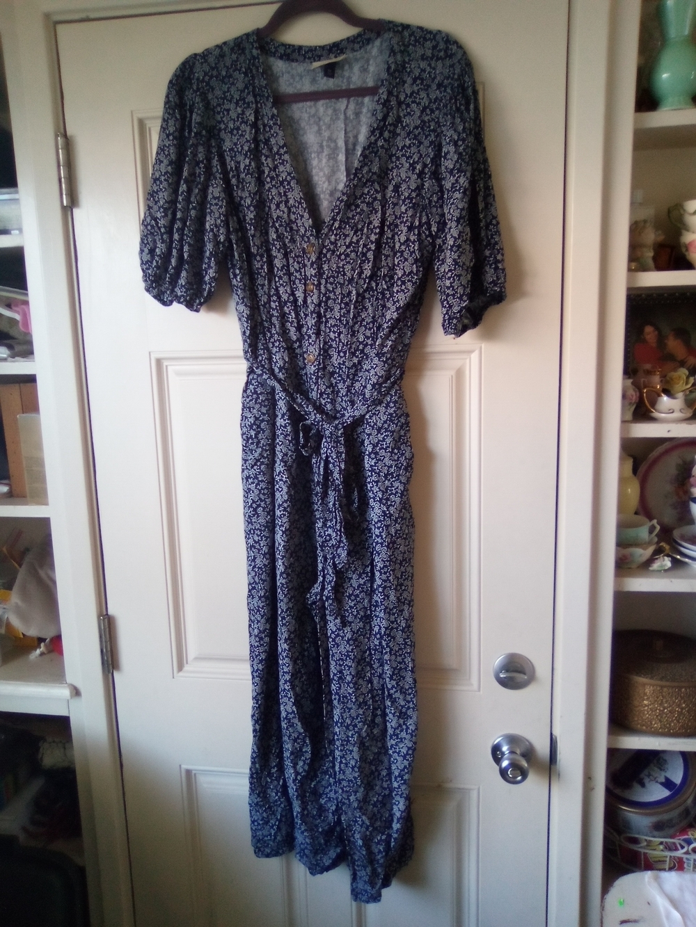 Navy Floral Button-Front Jumpsuit with Tie Waist